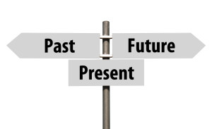 conceptual picture of a signpost with past, present and future isolated on white background (all signs cleaned on grey)