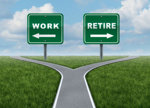 Work or retire as a concept of a difficult decision time for working or retirement as a cross roads and road sign with arrows showing a fork in the road representing the concept of direction when facing a challenging life choice.